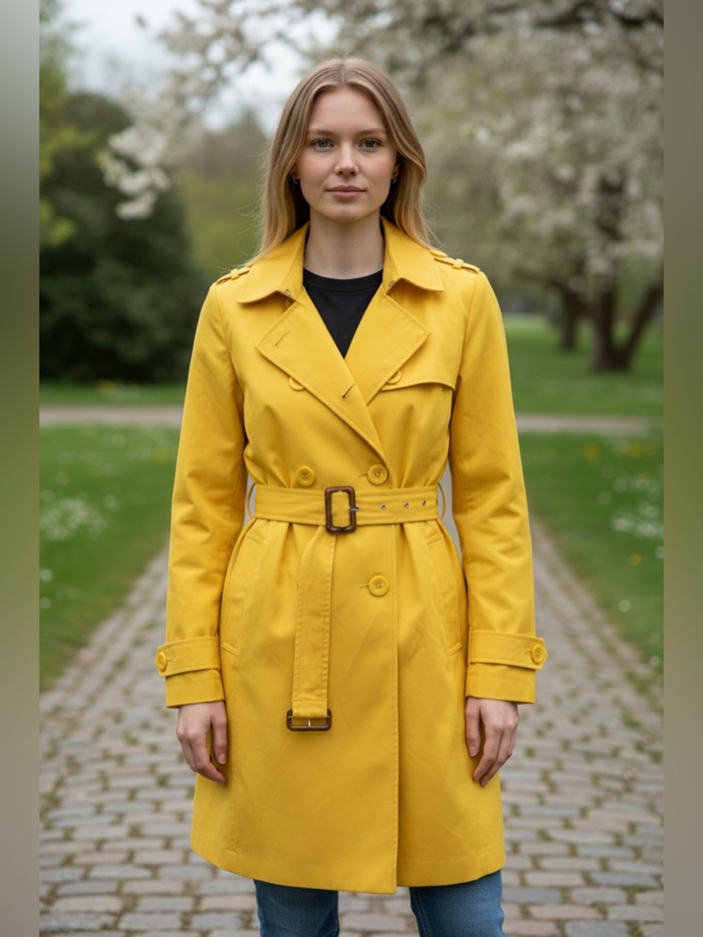 Kenneth Cole Reaction Women’s Double Breasted  Belted Yellow Trench Coat Cotton